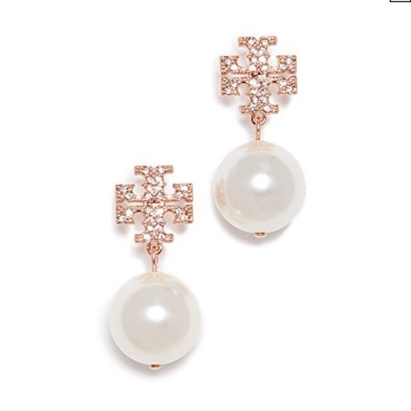 NWT Authentic luxury rare Tory Burch crystal pearl logo drop earrings